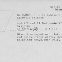 Index card with typed and handwritten information, sometimes including a sketch, of pottery from an excavation.