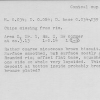 Index card with typed and handwritten information, sometimes including a sketch, of pottery from an excavation.