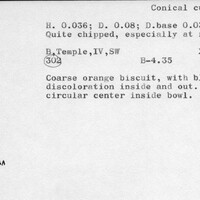 Index card with typed and handwritten information, sometimes including a sketch, of pottery from an excavation.