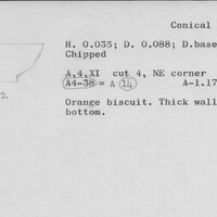 Index card with typed and handwritten information, sometimes including a sketch, of pottery from an excavation.
