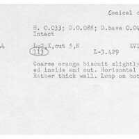 Index card with typed and handwritten information, sometimes including a sketch, of pottery from an excavation.