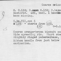 Index card with typed and handwritten information, sometimes including a sketch, of pottery from an excavation.