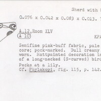 Index card with typed and handwritten information, sometimes including a sketch, of pottery from an excavation.