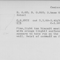 Index card with typed and handwritten information, sometimes including a sketch, of pottery from an excavation.