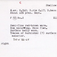 Index card with typed and handwritten information, sometimes including a sketch, of pottery from an excavation.