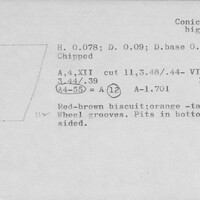 Index card with typed and handwritten information, sometimes including a sketch, of pottery from an excavation.