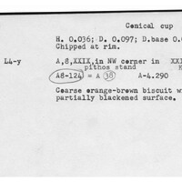 Index card with typed and handwritten information, sometimes including a sketch, of pottery from an excavation.