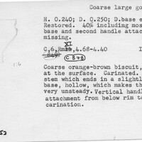 Index card with typed and handwritten information, sometimes including a sketch, of pottery from an excavation.