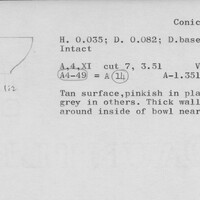 Index card with typed and handwritten information, sometimes including a sketch, of pottery from an excavation.