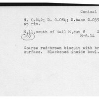 Index card with typed and handwritten information, sometimes including a sketch, of pottery from an excavation.
