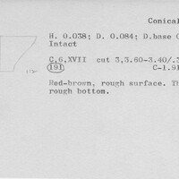 Index card with typed and handwritten information, sometimes including a sketch, of pottery from an excavation.