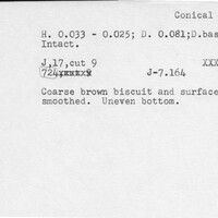 Index card with typed and handwritten information, sometimes including a sketch, of pottery from an excavation.