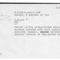Index card with typed and handwritten information, sometimes including a sketch, of pottery from an excavation.