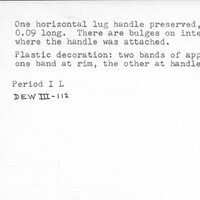 Index card with typed and handwritten information, sometimes including a sketch, of pottery from an excavation.