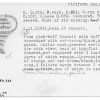 Index card with typed and handwritten information, sometimes including a sketch, of pottery from an excavation.