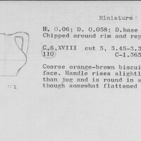 Index card with typed and handwritten information, sometimes including a sketch, of pottery from an excavation.