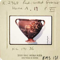 Ancient Greek vase with red-figure technique and black glaze, displayed on white stand.