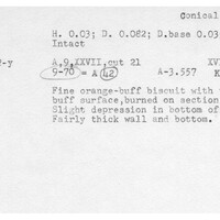Index card with typed and handwritten information, sometimes including a sketch, of pottery from an excavation.