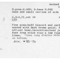 Index card with typed and handwritten information, sometimes including a sketch, of pottery from an excavation.
