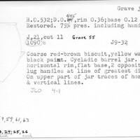 Index card with typed and handwritten information, sometimes including a sketch, of pottery from an excavation.