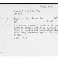Index card with typed and handwritten information, sometimes including a sketch, of pottery from an excavation.
