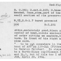 Index card with typed and handwritten information, sometimes including a sketch, of pottery from an excavation.