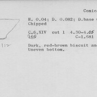 Index card with typed and handwritten information, sometimes including a sketch, of pottery from an excavation.