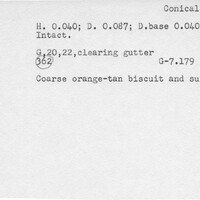 Index card with typed and handwritten information, sometimes including a sketch, of pottery from an excavation.
