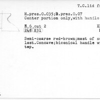 Index card with typed and handwritten information, sometimes including a sketch, of pottery from an excavation.
