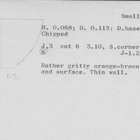 Index card with typed and handwritten information, sometimes including a sketch, of pottery from an excavation.