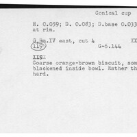 Index card with typed and handwritten information, sometimes including a sketch, of pottery from an excavation.