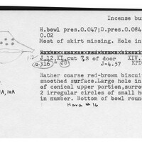 Index card with typed and handwritten information, sometimes including a sketch, of pottery from an excavation.