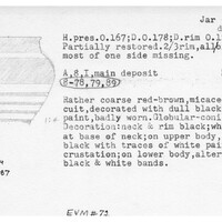 Index card with typed and handwritten information, sometimes including a sketch, of pottery from an excavation.