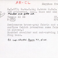 Index card with typed and handwritten information, sometimes including a sketch, of pottery from an excavation.