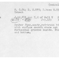 Index card with typed and handwritten information, sometimes including a sketch, of pottery from an excavation.