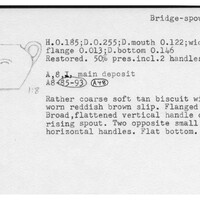 Index card with typed and handwritten information, sometimes including a sketch, of pottery from an excavation.
