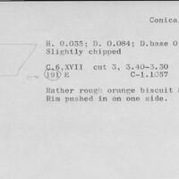 Index card with typed and handwritten information, sometimes including a sketch, of pottery from an excavation.