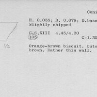 Index card with typed and handwritten information, sometimes including a sketch, of pottery from an excavation.