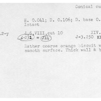 Index card with typed and handwritten information, sometimes including a sketch, of pottery from an excavation.