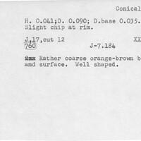 Index card with typed and handwritten information, sometimes including a sketch, of pottery from an excavation.