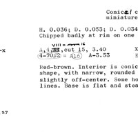 Index card with typed and handwritten information, sometimes including a sketch, of pottery from an excavation.