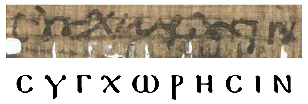 closeup of Egyptian papyrus showing the word synchoresin which translates to agreement